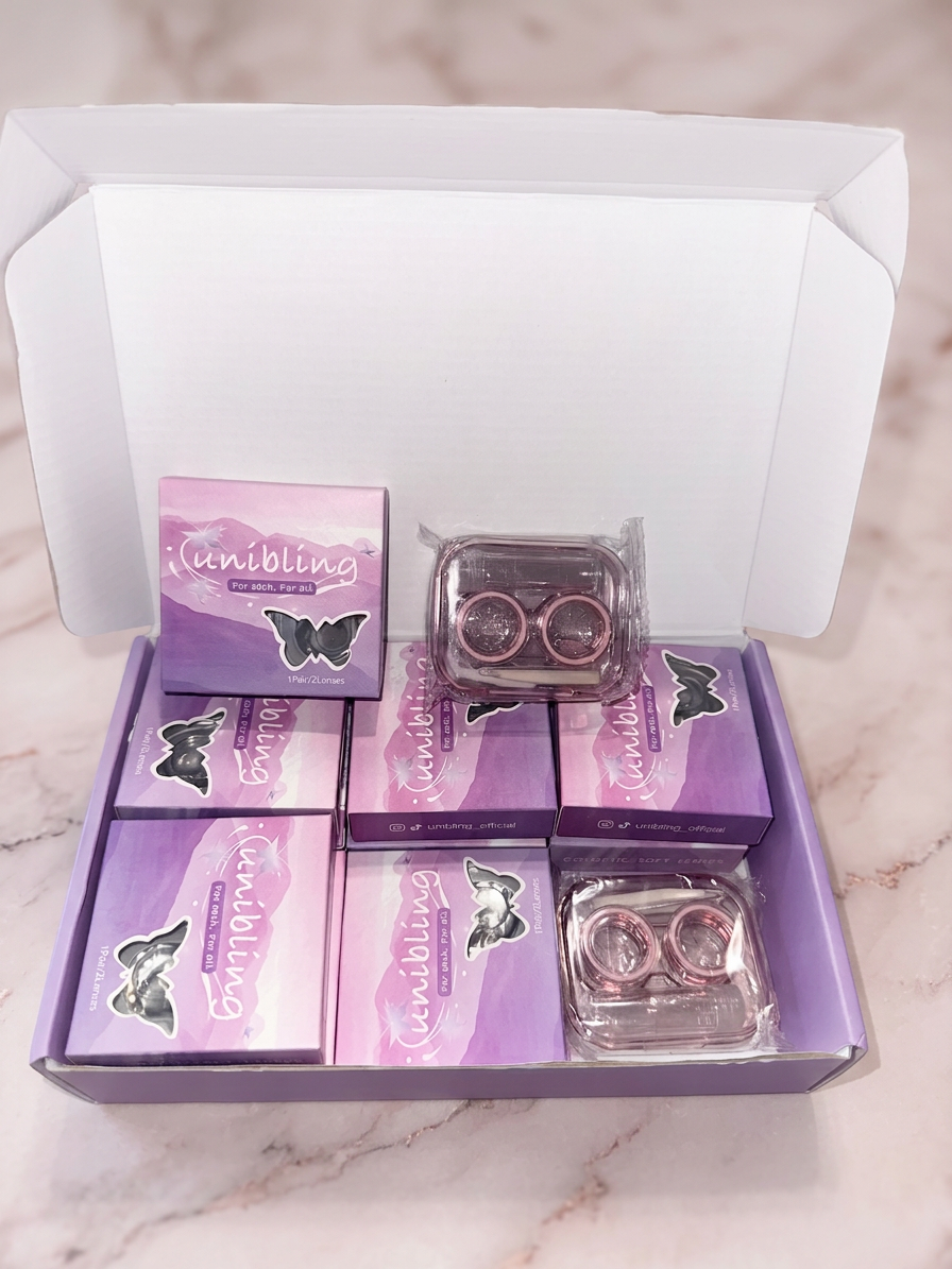 Unibling Cosmetic Soft Contact Lenses & Butterfly Travel Case Set (8 pairs)